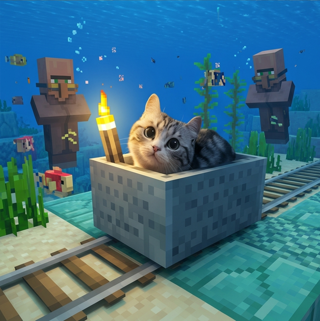 Trolley Cat riding underwater past villagers and fish