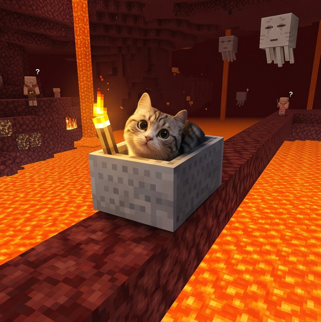 Trolley Cat crossing a lava lake in the Nether with ghasts above